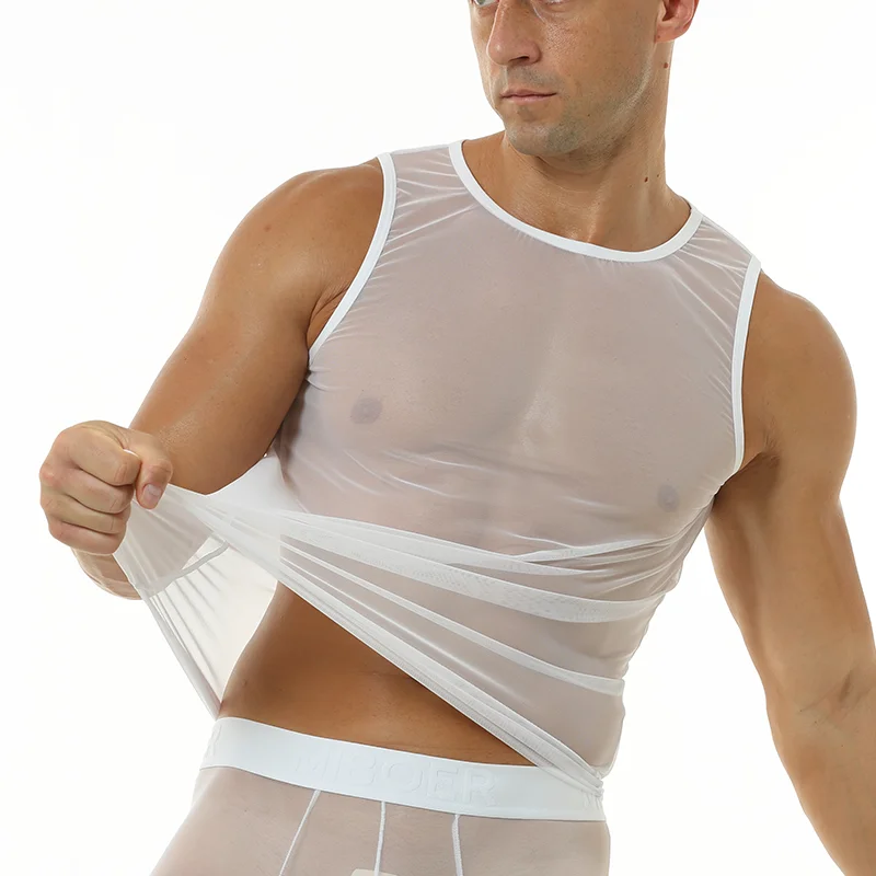 Men's 20D Ultra-Thin Sheer Mesh Tank Top Sleeveless Breathable See-Through Stretch Lightweight Undershirt Transparent Vest