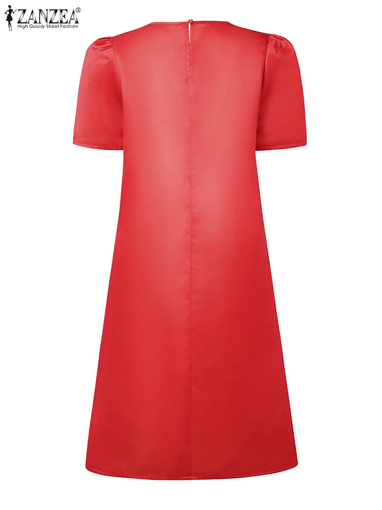 ZANZEA แฟชั่นการพิมพ์ผู้หญิง A-Line Robes Femme เดินทางสํานักงาน O-คอชุดมินิฤดูร้อนที่หรูหราแขนสั้นพัฟชุดซาติน