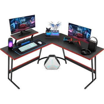 Image L Shaped Gaming Desk Computer Corner Desk PC Gaming Desk Table with Large Monitor Riser Stand for Home Office Sturdy Writing