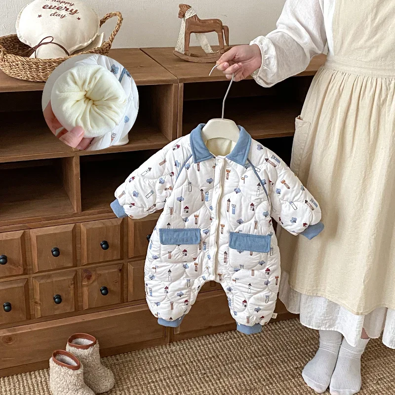 

Baby Cartoon Printed Padded Romper 0-2Y Newborn Girls Boys Turn-Down Collar Warm One-Piece Jumpsuit Infant Winter Crawler Outfit