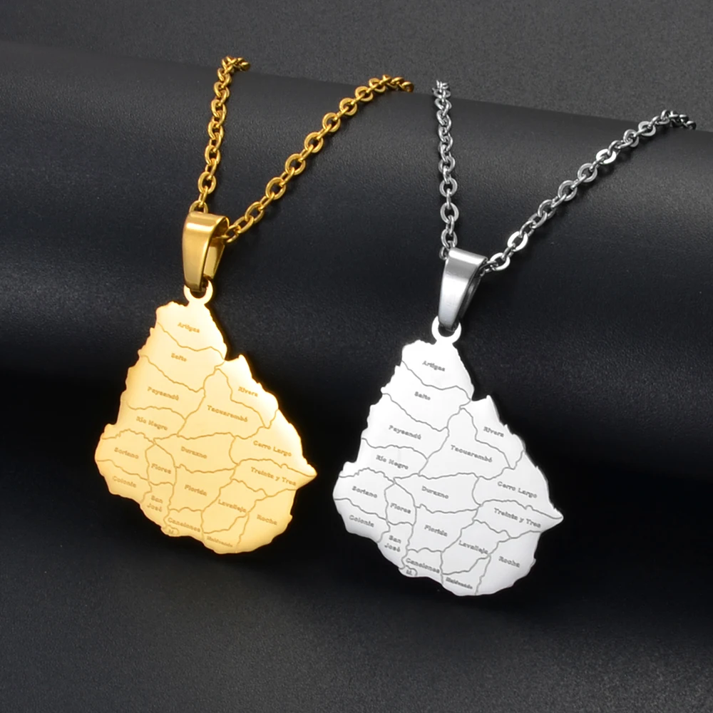 Anniyo Uruguay Map Pendant Necklaces for Women Girls Uruguayan Jewelry Stainless Steel #322401