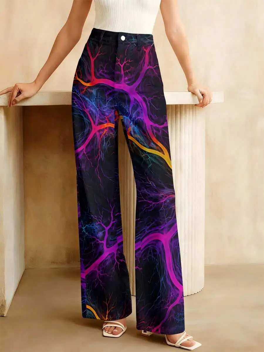 

Abstract Neon Branch Print Wide Leg Jeans For Women Casual Party Wear