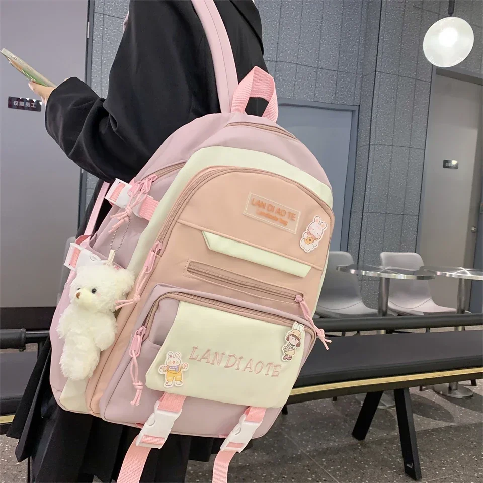 Fashion Kawaii Schoolbag for Teenage Waterproof Nylon Girls Bagpack Cute Women Laptop Backpack Travel Bag Black Pink Bookbag