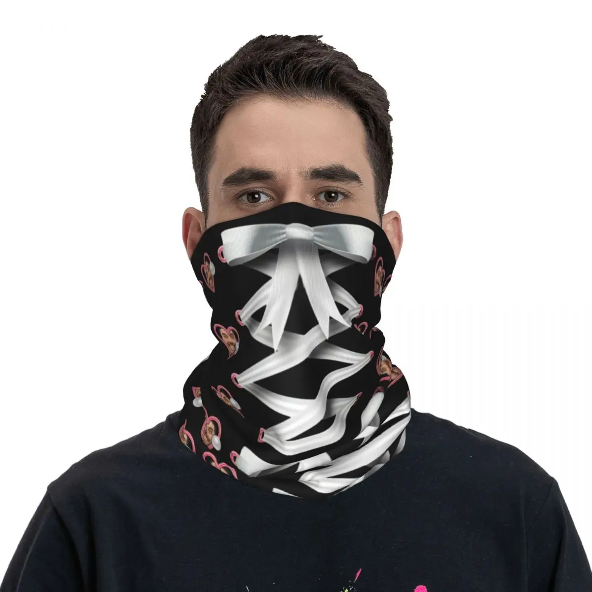맞춤형 흰색 리본 사랑 얼굴 사진 반다나 겨울 넥 워머 남성용 방풍 랩 페이스 스카프 하이킹 가이터 헤드밴드