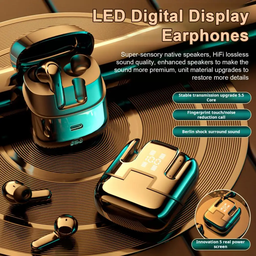 Bluetooth-compatible Wireless Earphones LED Display Stereo Sound Noise Cancelling Waterproof Head Earbuds Touch Control Headset