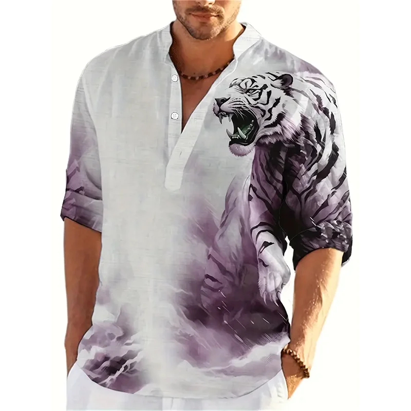 Animal Tiger 3D Printed Henley Shirts Men\'s Fashion Streetwear Oversized Stand Collar Long Sleeve Shirt Tops Blouse Man Clothing