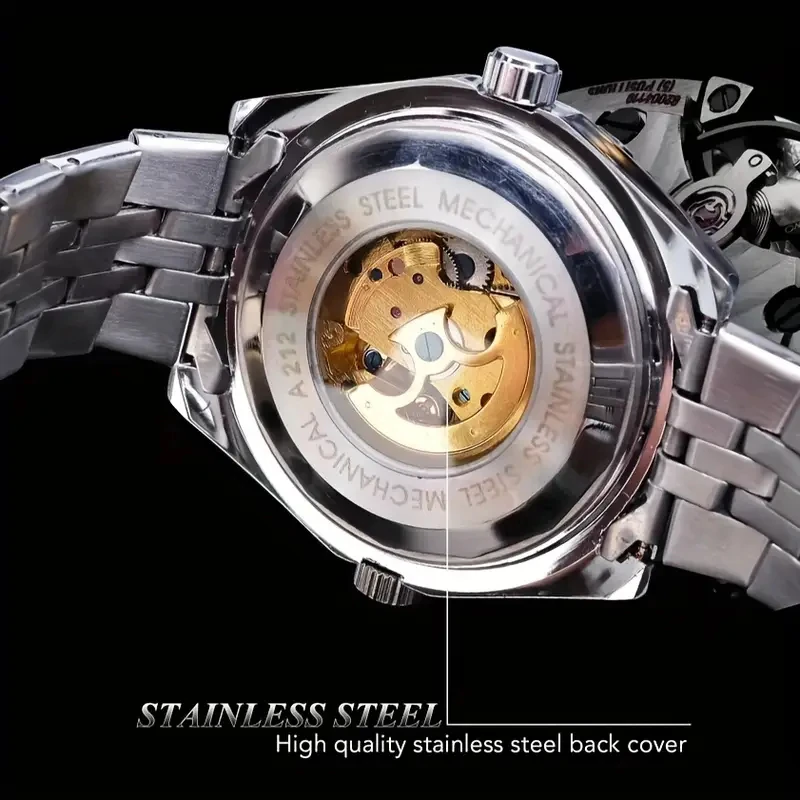European and American Style Large Dial Men's Watch, Luxurious Automatic Mechanical Watch - Stylish Skeleton Dial, Mechanical Movement, Stainless Steel Strap, Business and Casual Accessory, Preferred Gift Option, No Battery Required