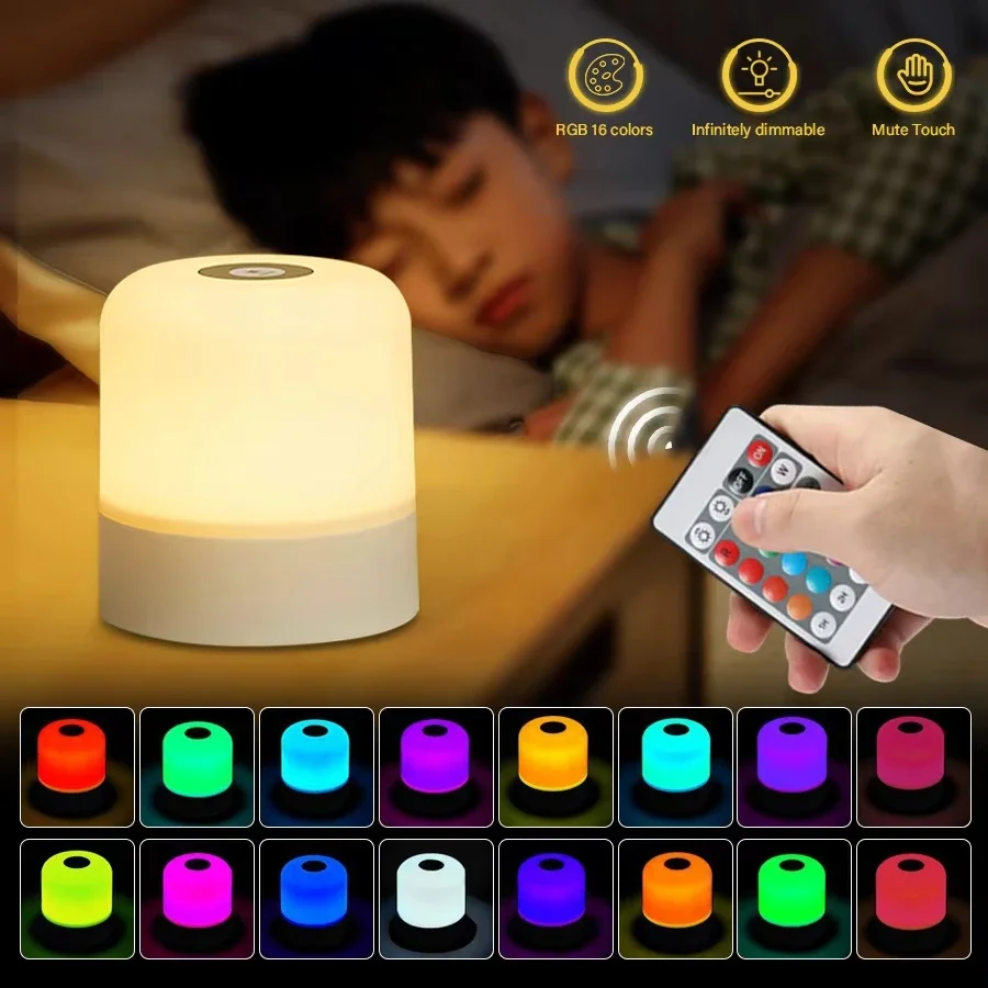Luminária de Mesa LED com 16 Cores - Controle por Toque e Remoto, Regulável e Recarregável, Lâmpada de Cabeceira para Decoração de Ambientes