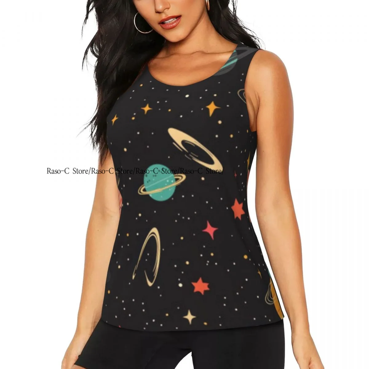 Women's Sleeveless Yoga Tank Top Colorful Planets And Stars Background Quick Dry Running Training Sports Vest Yoga Shirts