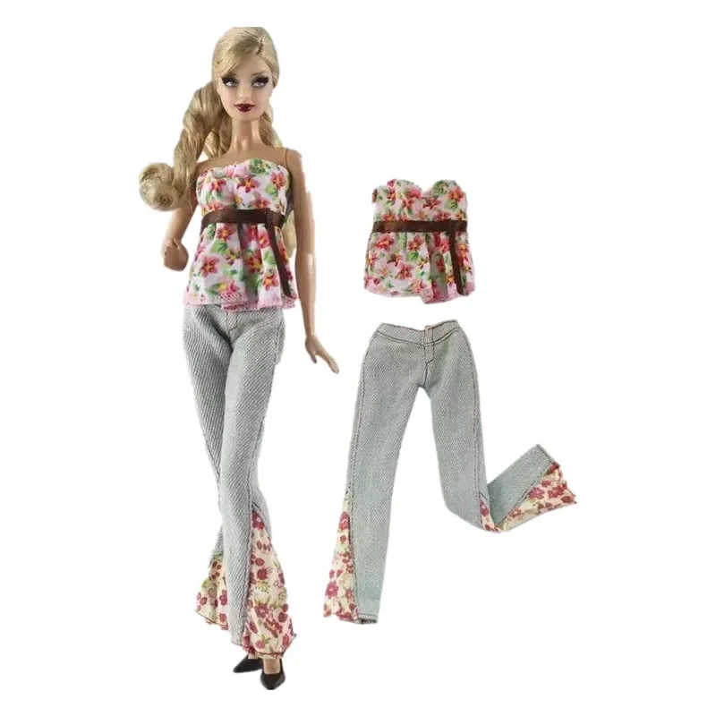 Off Shoulder Floral Shirt Top Jeans Pants For Barbie Doll Clothes Set Outfits 1/6 BJD Dolls Accessories Kids DIY Toy Girl Gifts