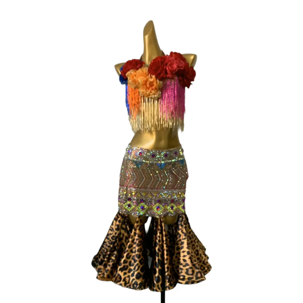 

Latin Dance Competition Women's High-end Custom Flower Tassel Bra Leopard Print Skirt Samba Performance Rhinestone Dress