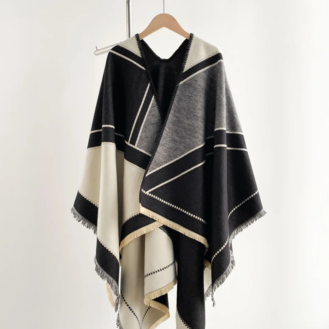 Faux Cashmere Shawl for Women Warm Thick Split Hem Winter Autumn Office Wrap Scarf Versatile Cold Weather Cover Up