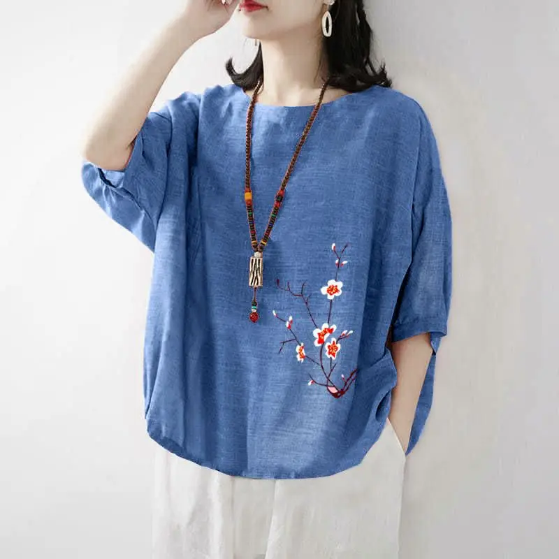 Women Summer Simplicity Loose Elegant Printing Cotton and Linen O-neck Short Sleeve T-Shirt Women Clothes Casual All-match Tops