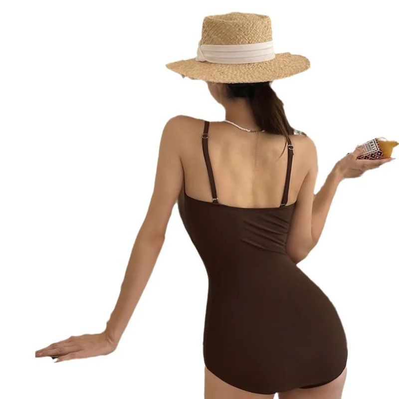 Sexy One Piece Solid Swimsuit with Cover Up Bathing Suit Women Swimwear Monokini Bandeau Bathing Suit Korean Padded Beach Wear