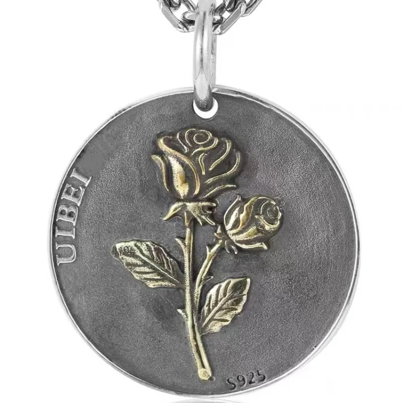 

Buyee 925 Sterling Silver Big Pendant Chain Delicate Golden Rose Flower Necklace for Men Women Party Fine Jewelry Chain 60cm