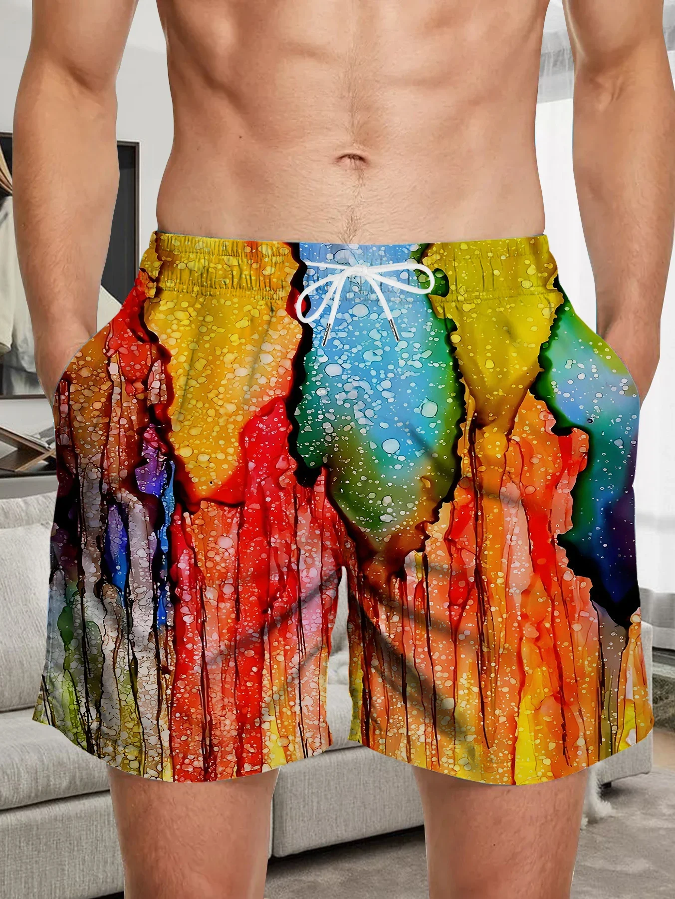 

Elastic Waist Men Beach Shorts Full Digital Print Polyester Quick Dry Swimwear