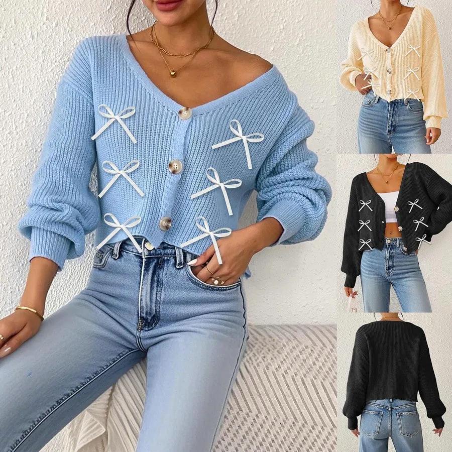 

Новый осенне-зимний женский свитер, кардиган, футболка с глубоким V-образным вырезом и пуговицами, украшение с узлом, ort Sle Street Faion