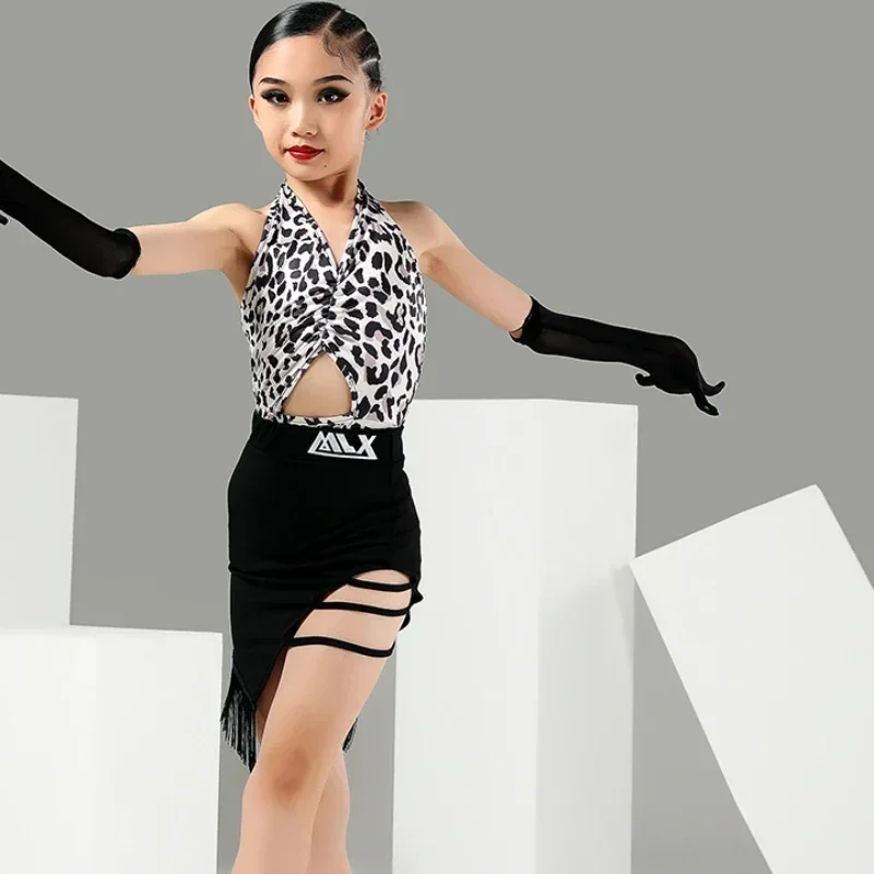 Abito da ballo latino per bambini Top e gonna leopardati Costumi da ballo per spettacoli teatrali latini per ragazze