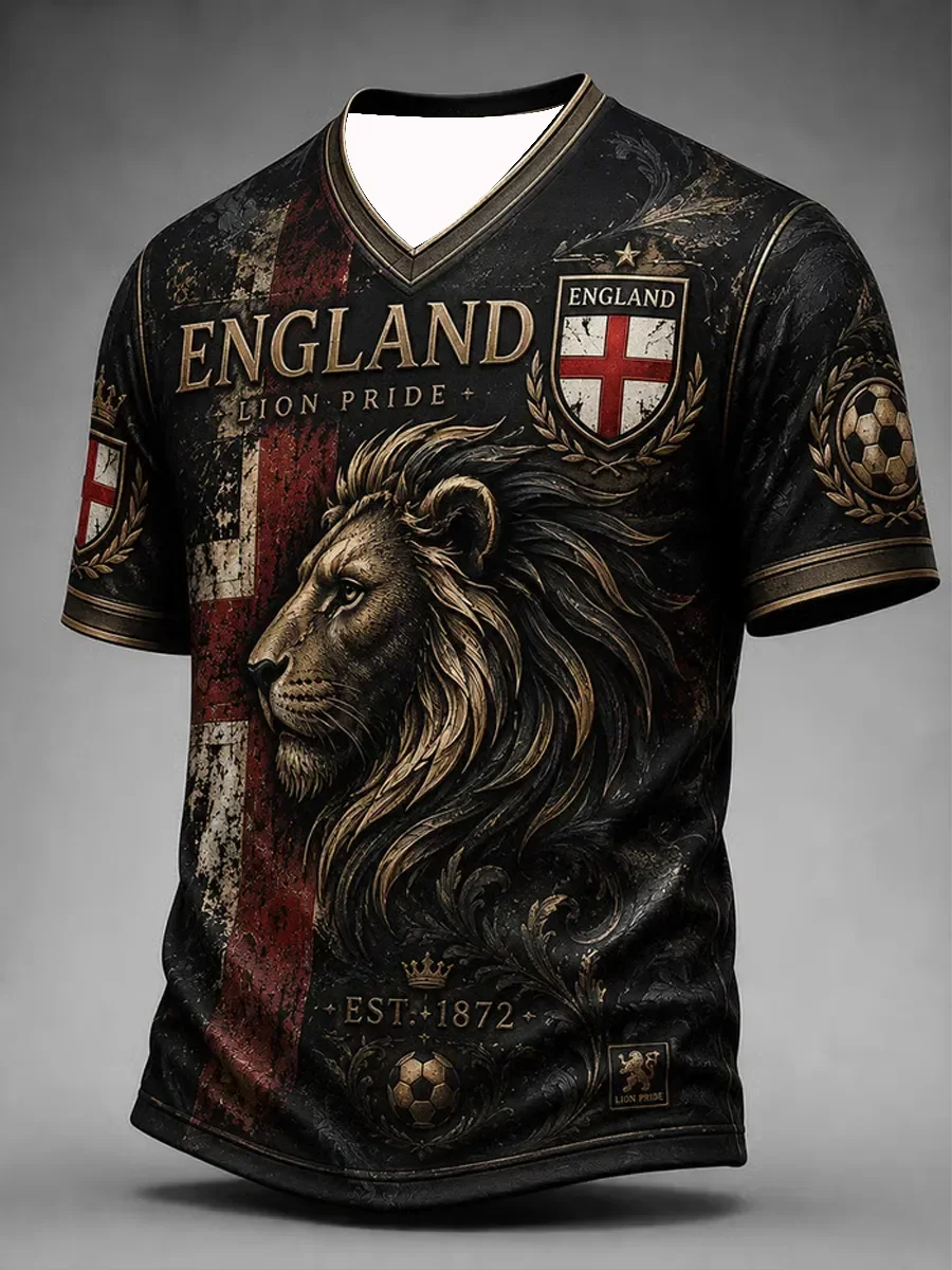 Unisex England Soccer Jersey Black Gold V-Neck Splash Vintage Lion Cross Print EST 1872 Trophy Decor Fan Football Shirt