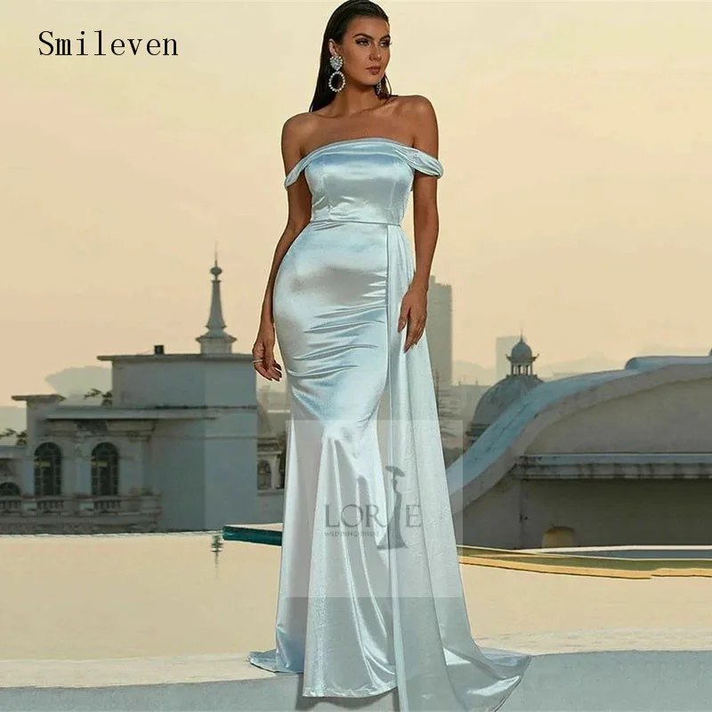 

Smileven Sky Blue Mermaid Evening Dresses Simple Off The Shoulder Prom Dress Saudi Arabia Modern Side Split Party Dress 2023