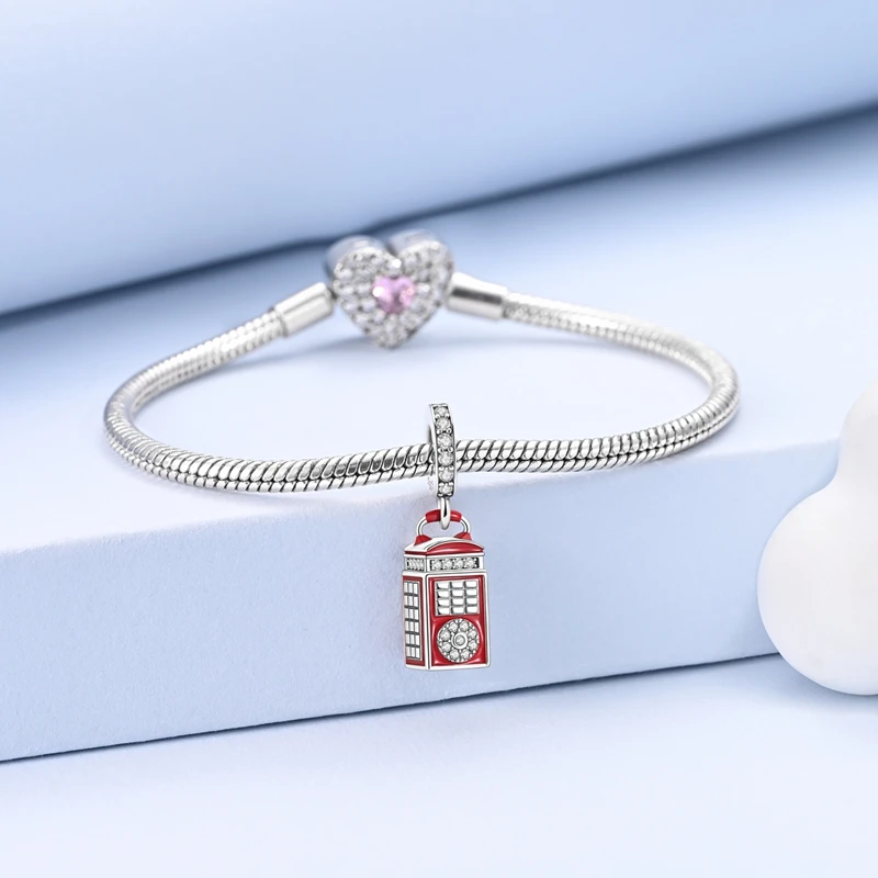 

Подвеска-шарм из серебра 925 пробы в виде красной телефонной будки, ретро-стиль, блестящая, для женщин и девушек, для оригинальных браслетов, для изготовления украшений своими руками, подарок