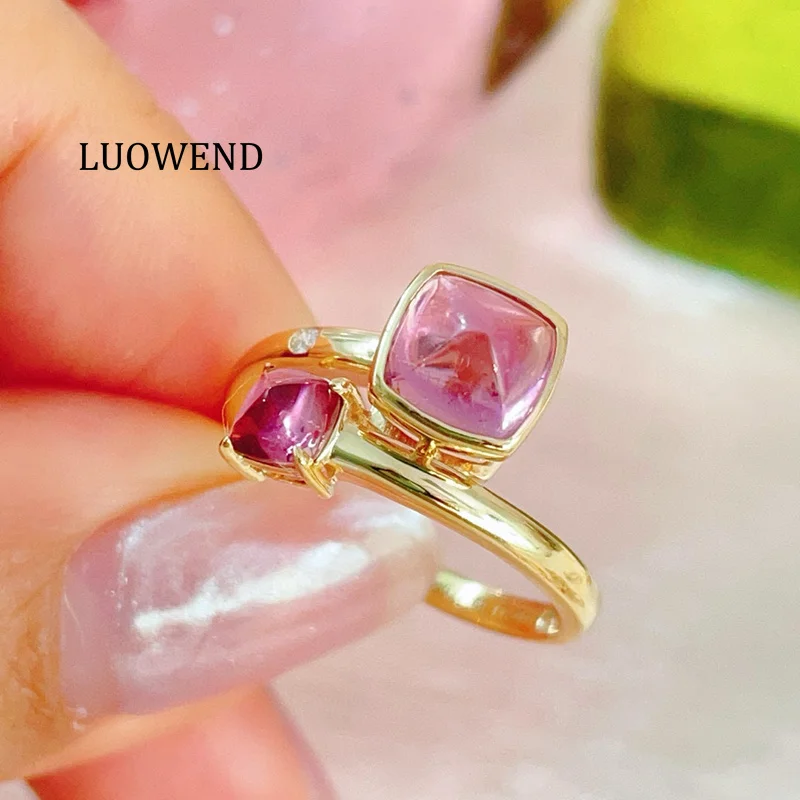 

LUOWEND 100% кольца из желтого золота 18 карат, женские романтические нежные стильные кольца из натурального розового турмалина с драгоценным камнем, ювелирные изделия для помолвки