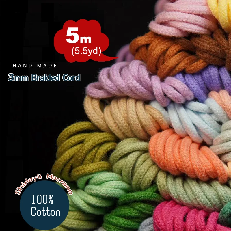 3mm Braided Cord for Macramé, Crochet Weaving, Knitting, 100% Cotton Rope 5.5Yds/16FT Bundle Packs A001-0040 Colors