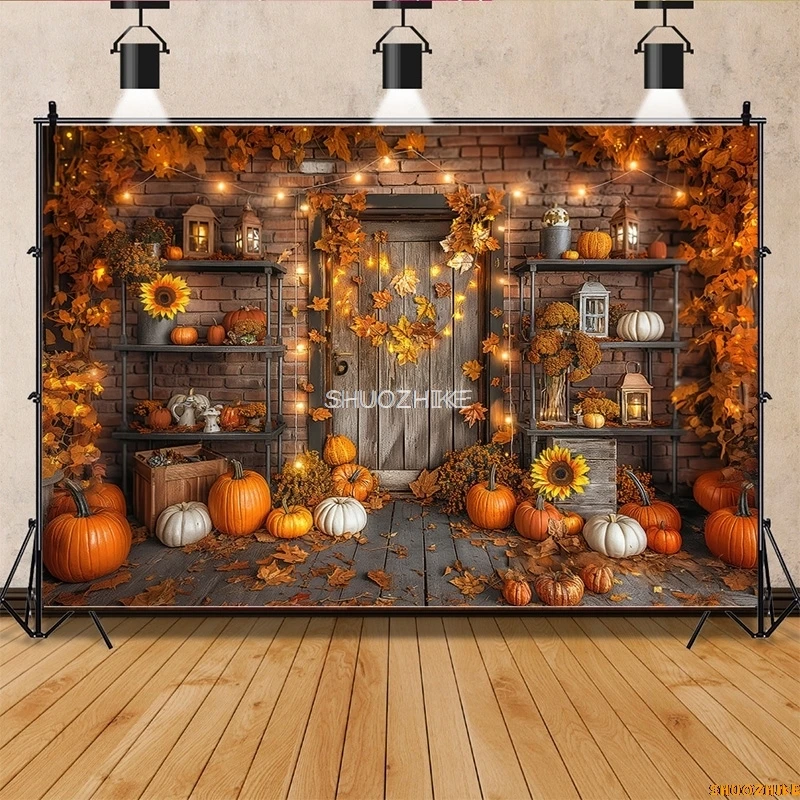 Halloween Day Photography Backdrops Props Wagon Tablecloth Fall Scene With Pumpkin Patch Door Photo Studio Background HW-01