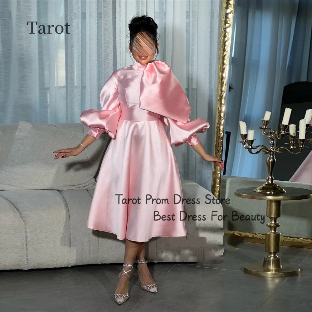 Tarot A Line High Neckline Prom Dresses Simple Satin Lantern Sleeves Elegant Evening Dress Tea Length Bow For Holiday Gonws