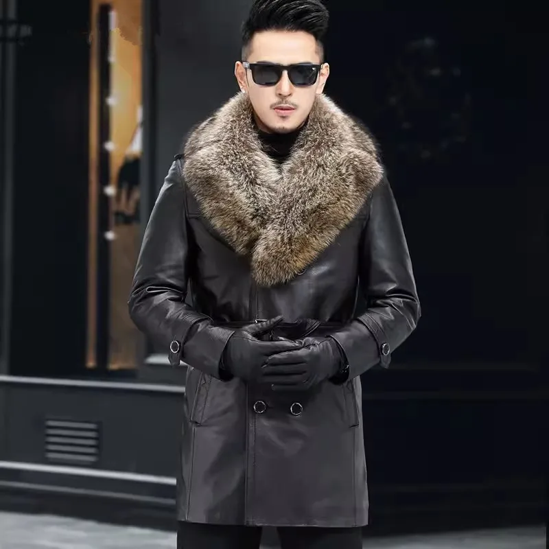 Men's Cowhide Leather Trench, Long Thick Coat, Detachable Down Liner, Raccoon Fur Collar, Belted, Autumn, Winter