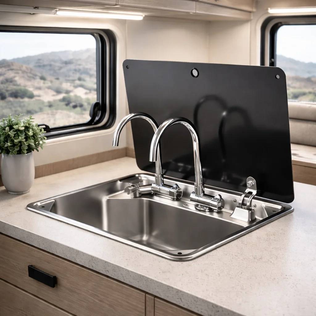 

RV Campervan Built-In Stainless Steel Kitchen Sink With Lid - Space Saving Motorhome Sink Set With Dual Faucets