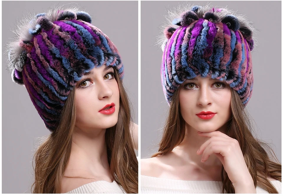 Strickmütze für Damen, 100 % echte Rex-Kaninchenfellmütze mit Blumen, Oberteile, warme, hochwertige Beanie-Damenmütze aus echtem Pelz für den Winter – Detail 18