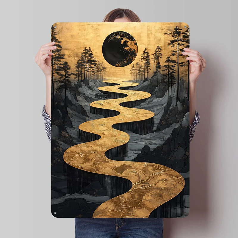 Goldene Flusslandschaft Metallposter Individuelle Wandkunst Retro Vintage Blechschilder für Männerhöhle Heimdekoration Wanddeko