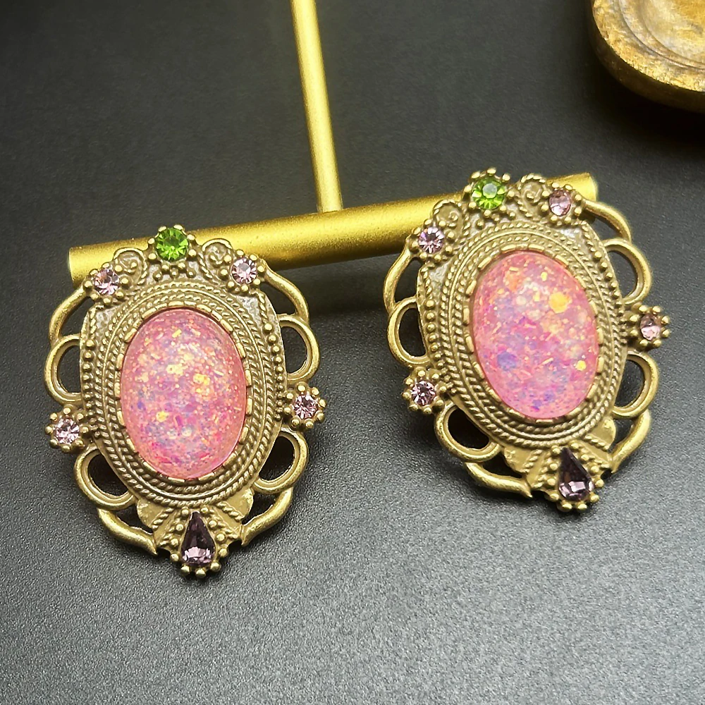 

Vintage Pink Opal Rhinestone Stud Earring Victorian Style Earrings Retro Accessory Gifts