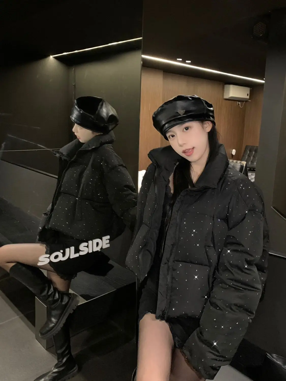 المرأة الخريف الشتاء أنيقة معاطف السترة المنتفخة شيك قصيرة سستة سترات معطف الكورية موضة الوقوف طوق سترة ملابس خارجية الصلبة #1