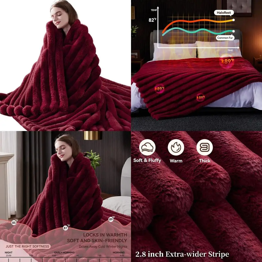 

Luxurious 1000GSM Faux Fur Blanket, Plush Striped Red Throw for Sofa, Bed, or Living Room (60x80)