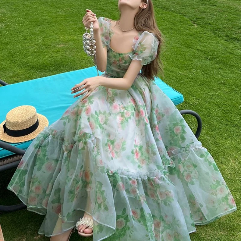 Pink Floral Print Green Chiffon Dress Spring Summer Fashion A-line Dress 2023 French Style Elegant Vintage Square Collar Dress