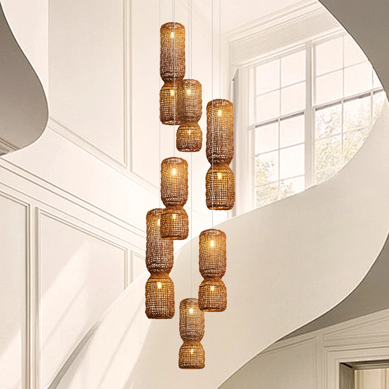 Loft Chandelier 2025 New Staircase Chandelier Ceiling Light Wabi-sabi Style Duplex Villa High Living Room Creative Rattan Lamps