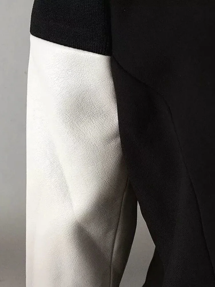 Designer Blazer Jacket Women\'s Leather Patchwork Double Breasted Blazer Black White Patchwork Notched Crop Tops Clothes