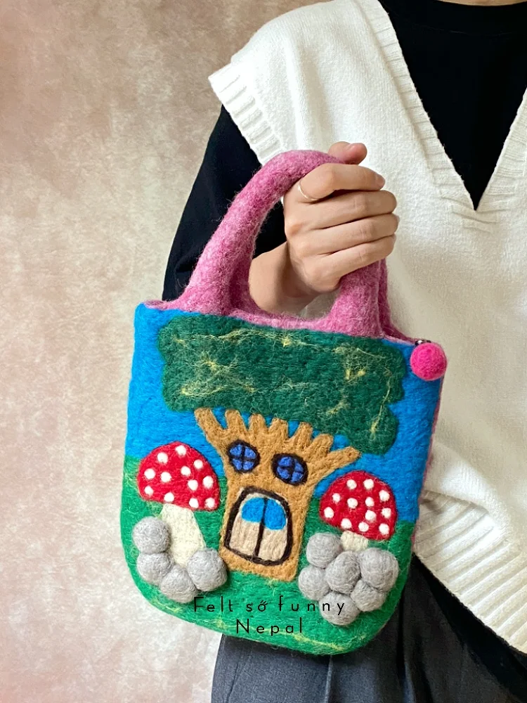 Handmade Wool Felt Mushroom Shaped Handbag Cute Country Style Tote Bag Artistic Forest System Youth Daily Use Handheld Bag