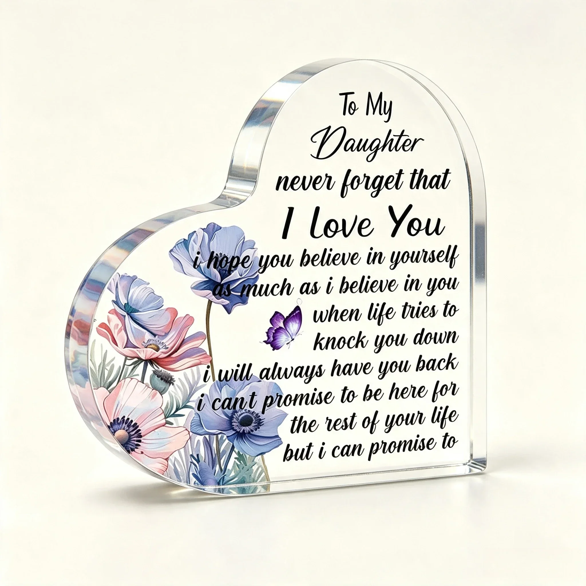 Heart Shaped Acrylic Plaque Gift for Daughter Floral Butterfly Desk Decor,Watercolor Poppy Flower Acrylic Heart Sign Table Decor for Daughter