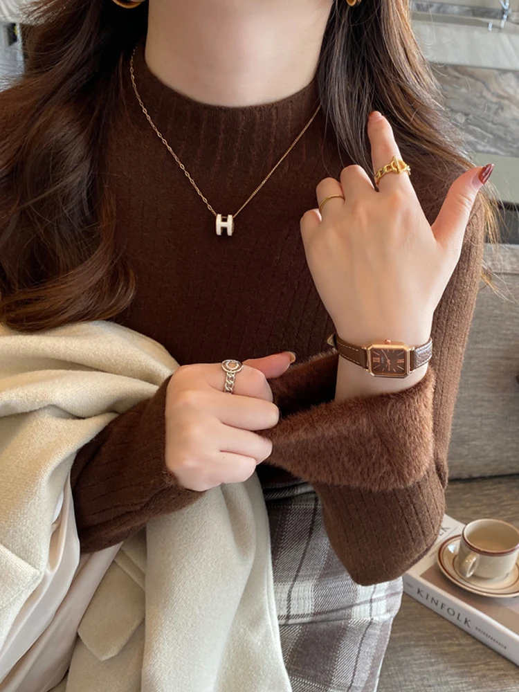 2025 Autumn Winter Thick Semi High Neck Bottoming Sweater for Women Warm Long Sleeved Faux Mink Fur Sweater Elegant Pullover