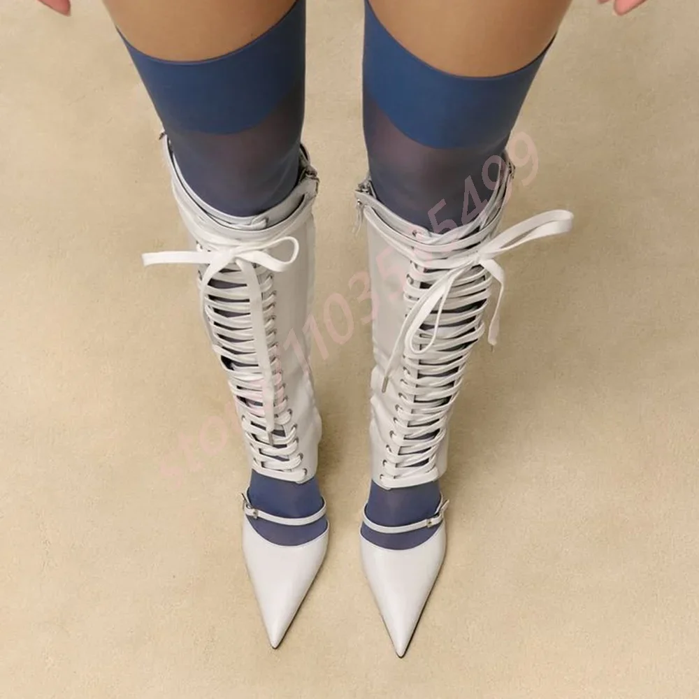 

2025 Pointed Cross Strap Sexy Women Boots New Street Belt Buckle Catwalk Stilettos Fashion Black/white Party Casual Calf Boots