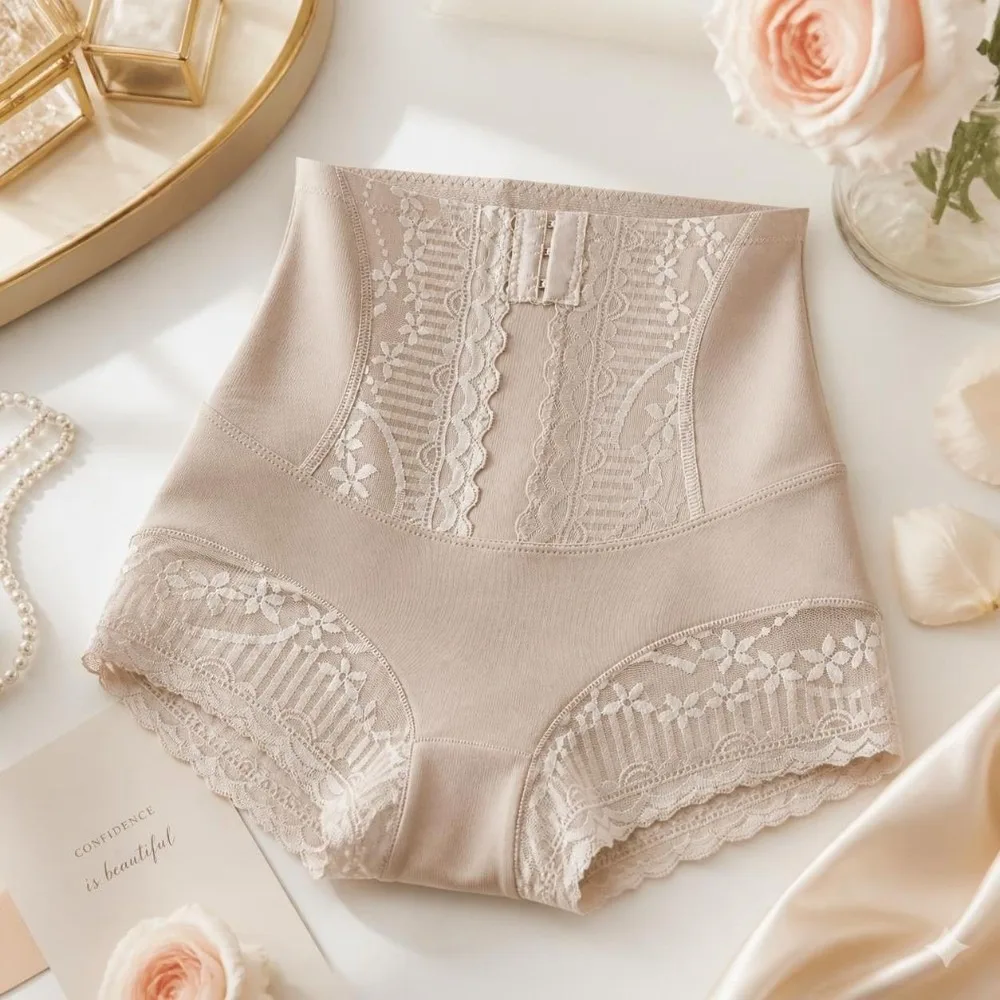 High Waist Tummy Control Shapers Seamless Waist Trainer Slimming Shapewear Lace Hem Belly Contracting Underwear for Women Daily