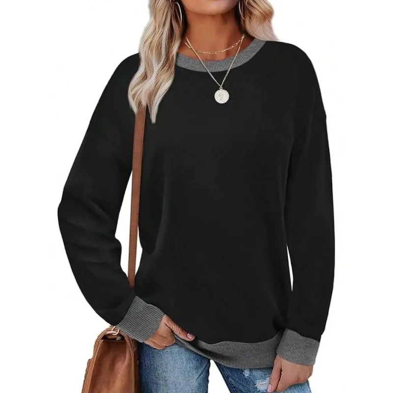 European and American Autumn Fashion Ribbed Trim T-Shirt Color-Blocked Women's Round Neck Long Sleeve Loose Top