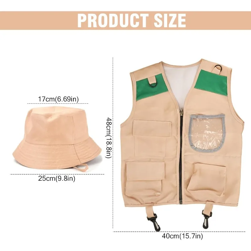 Safari Costume with Cargo Vest Hat,Backyard Explorer Dress Up for Boys Girls,Outdoor Adventure Pretend Play Set for Park Ranger view 4
