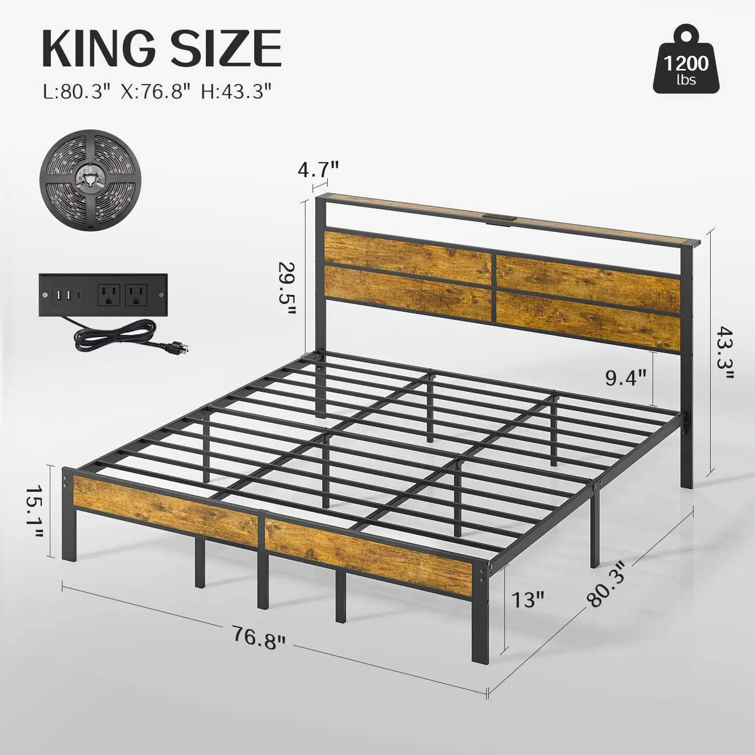 Bed Frame with USB Type C Charging Station Headboard, Smart LED Lights, Metal Platform Noise Free, No Box Spring Needed, Easy As