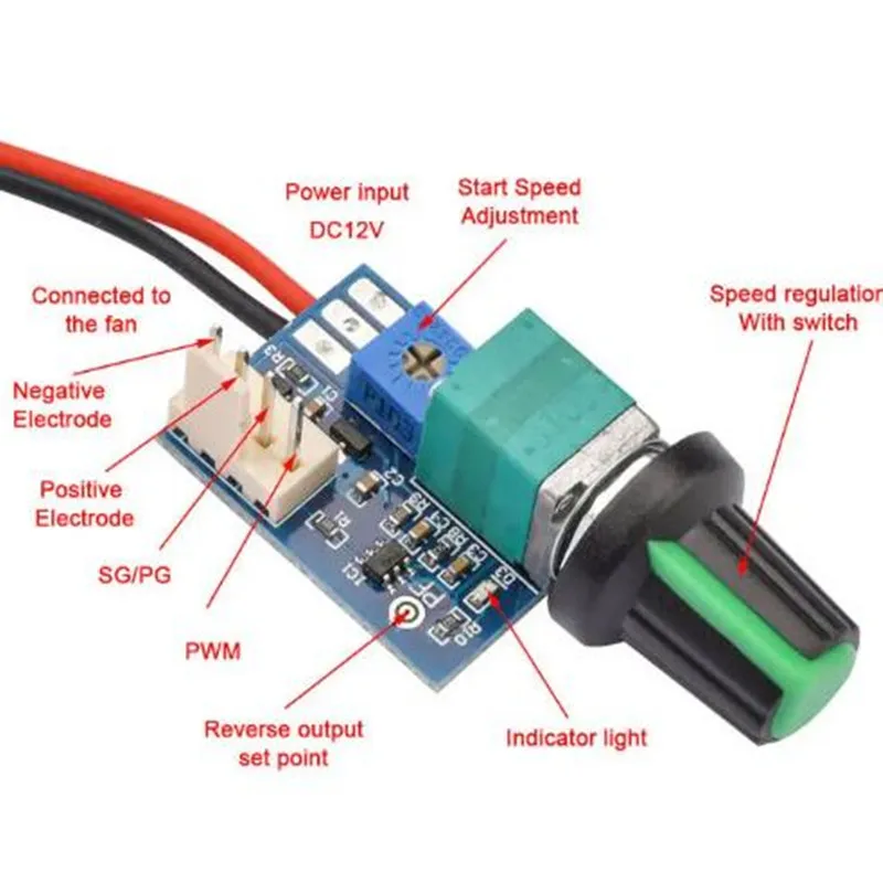 Module de contrôle de vitesse de ventilateur PWM 12V DC à quatre fils avec bouton rotatif, réducteur de bruit réglable, 5 pièces, avec fonction d'arrêt