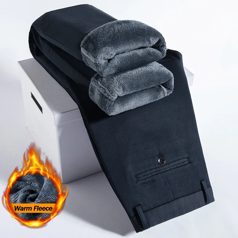 

Winter Fleece Men's Casual Pants Warm Plush Velvet Classic High Waist Elastic Business Office Straight Trousers Thermal Clothes