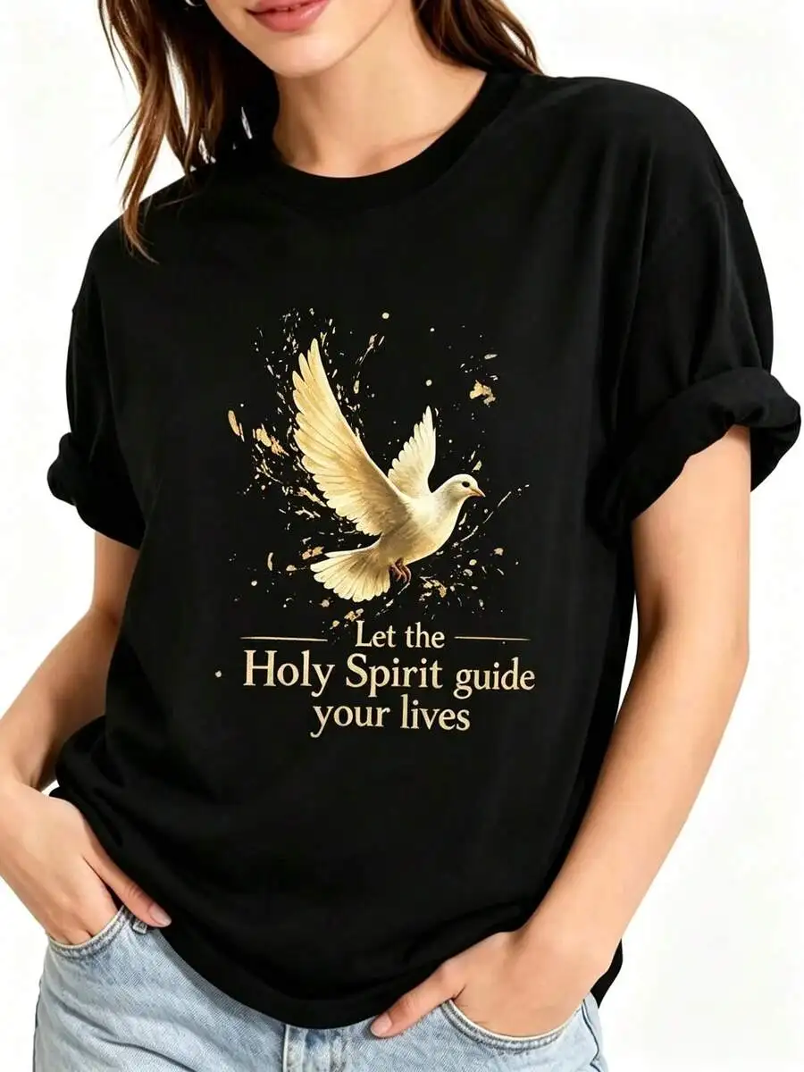 Oversized Women Christian Dove Graphic T Shirt Short Sleeve Black Casual Summer Aesthetic Daily Wear Top
